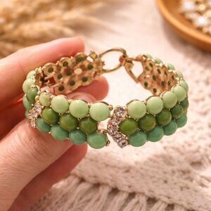Gold Tone Green Cabochon and Rhinestone Link Bracelet